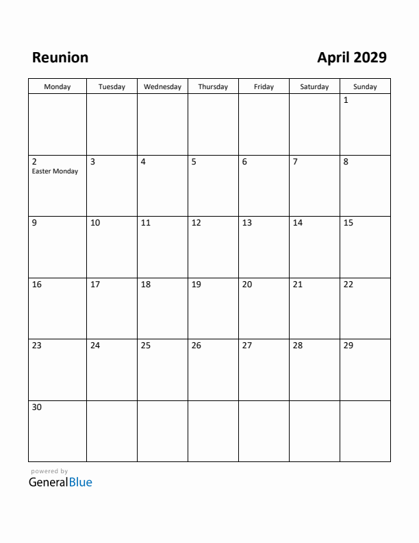 April 2029 Calendar with Reunion Holidays