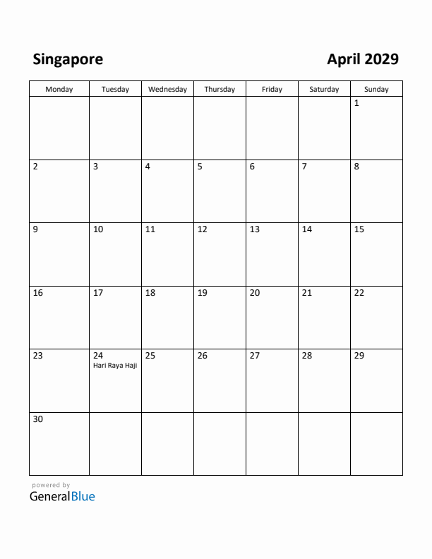 April 2029 Calendar with Singapore Holidays