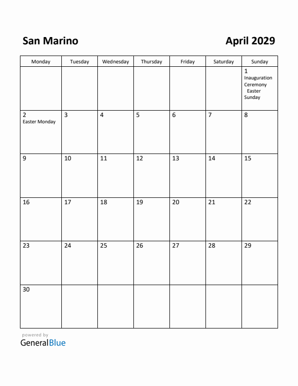 April 2029 Calendar with San Marino Holidays