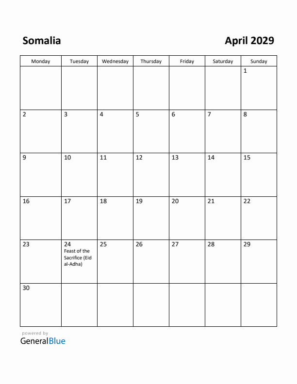 April 2029 Calendar with Somalia Holidays