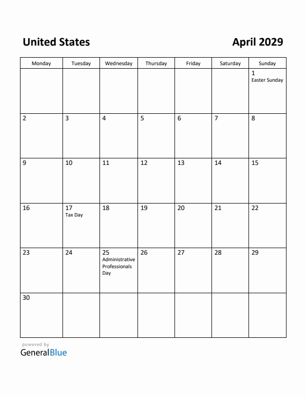 April 2029 Calendar with United States Holidays