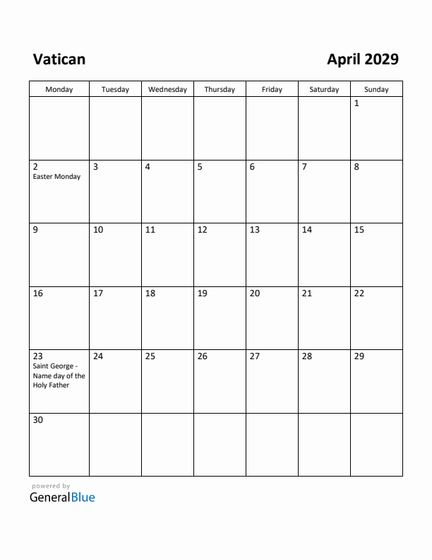 April 2029 Calendar with Vatican Holidays