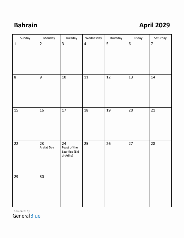 April 2029 Calendar with Bahrain Holidays