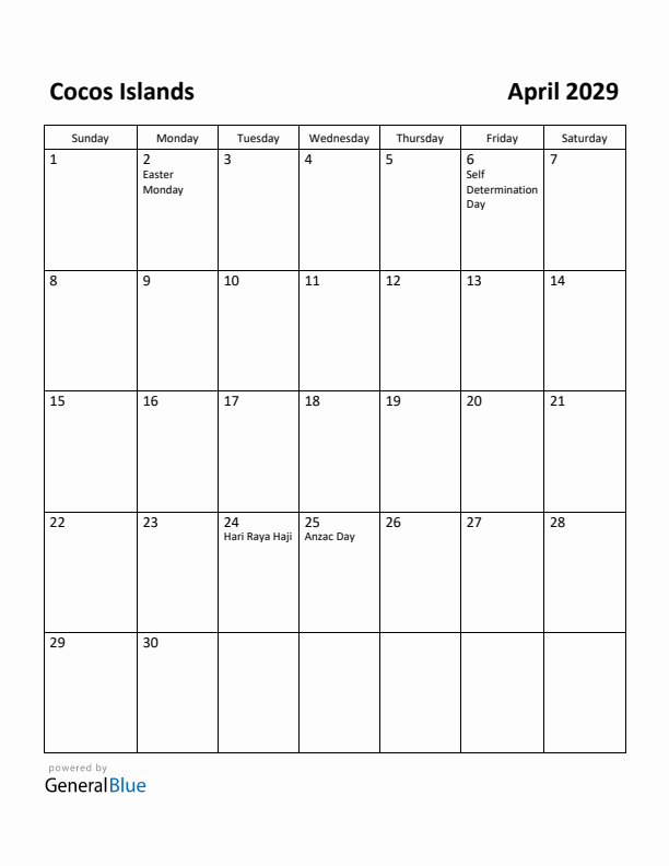 April 2029 Calendar with Cocos Islands Holidays