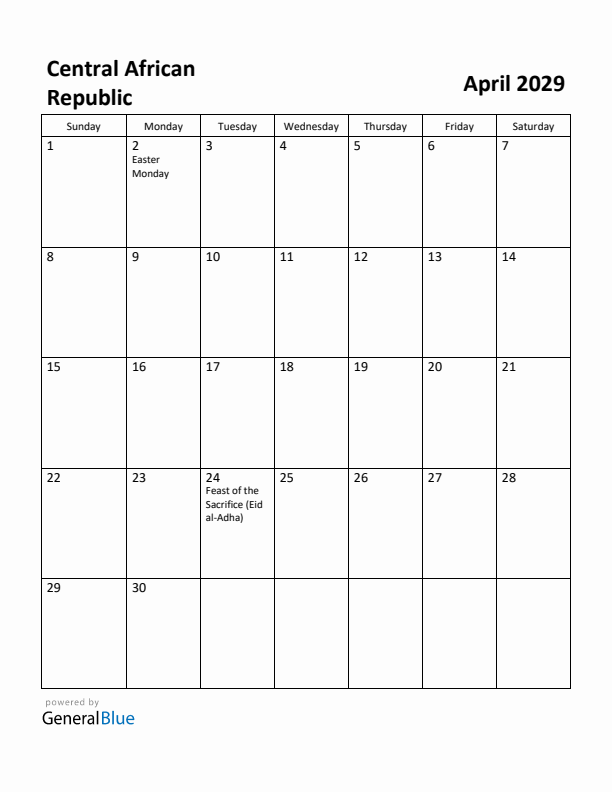 April 2029 Calendar with Central African Republic Holidays