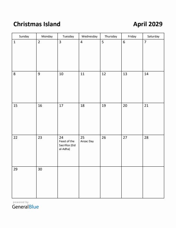 April 2029 Calendar with Christmas Island Holidays