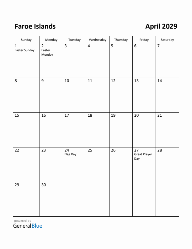 April 2029 Calendar with Faroe Islands Holidays