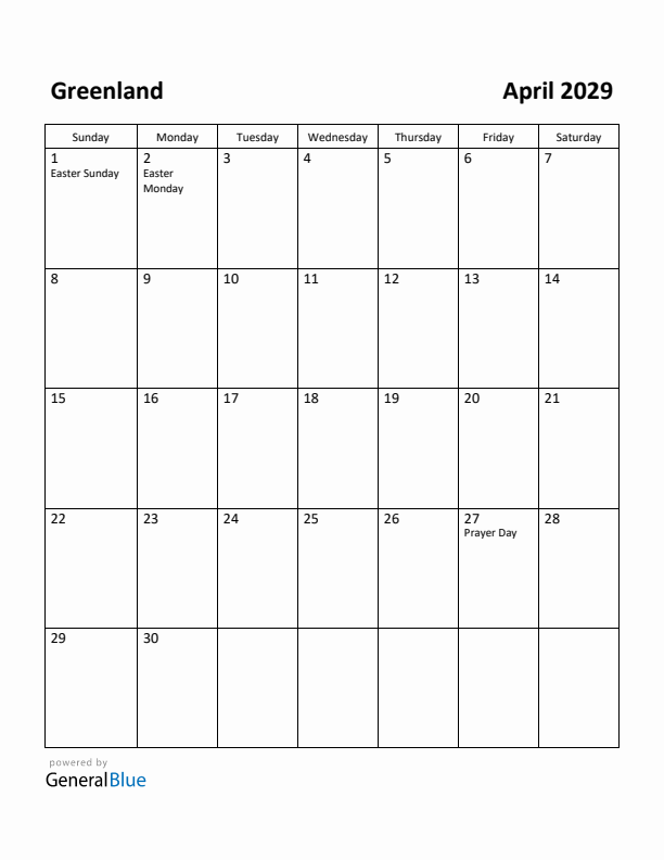 April 2029 Calendar with Greenland Holidays