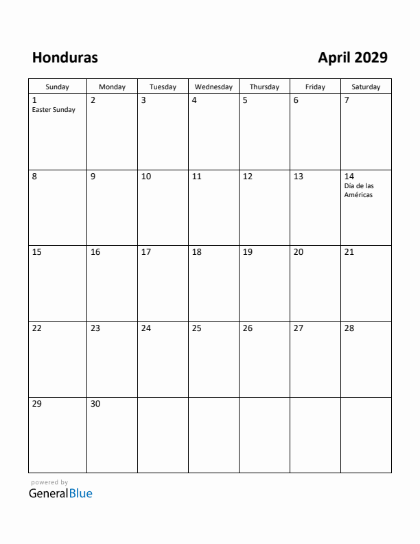 April 2029 Calendar with Honduras Holidays