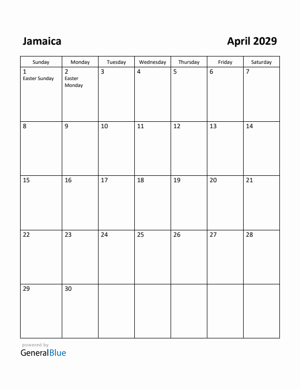 April 2029 Calendar with Jamaica Holidays