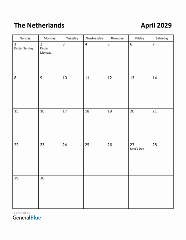 April 2029 Calendar with The Netherlands Holidays