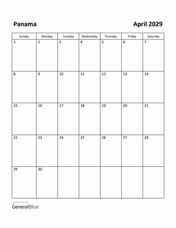 April 2029 Calendar with Panama Holidays