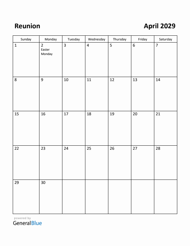 April 2029 Calendar with Reunion Holidays