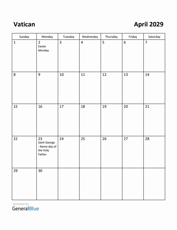 April 2029 Calendar with Vatican Holidays