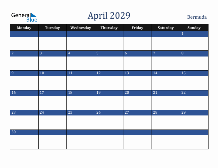 April 2029 Bermuda Calendar (Monday Start)