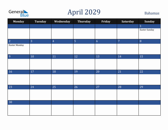 April 2029 Bahamas Calendar (Monday Start)