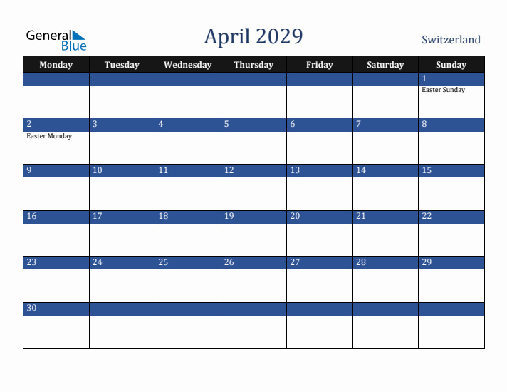 April 2029 Switzerland Calendar (Monday Start)