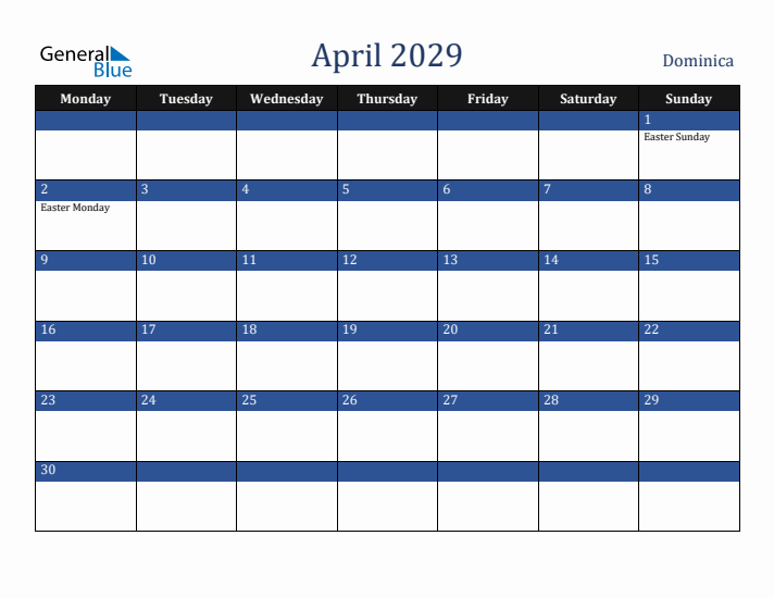 April 2029 Dominica Calendar (Monday Start)