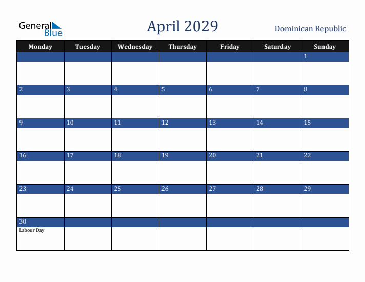 April 2029 Dominican Republic Calendar (Monday Start)