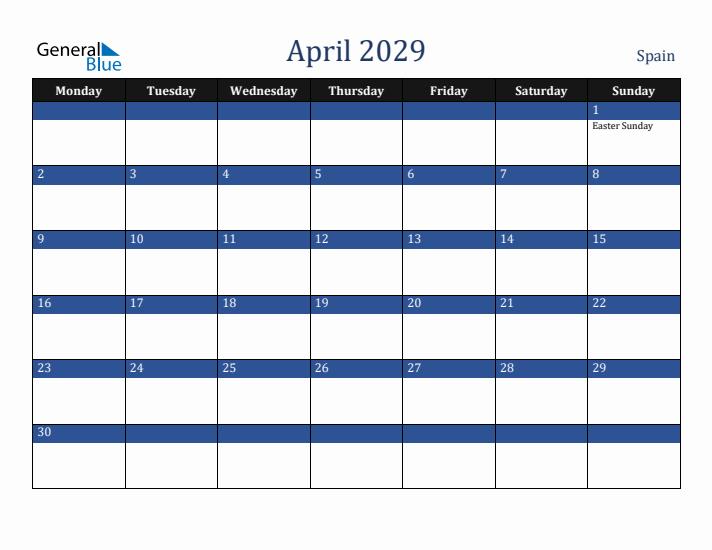 April 2029 Spain Calendar (Monday Start)