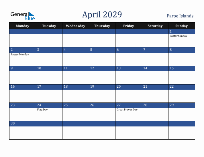 April 2029 Faroe Islands Calendar (Monday Start)