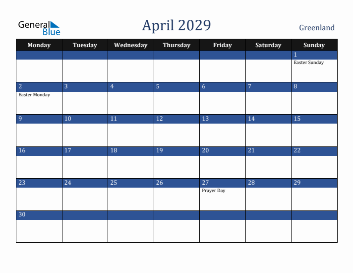 April 2029 Greenland Calendar (Monday Start)