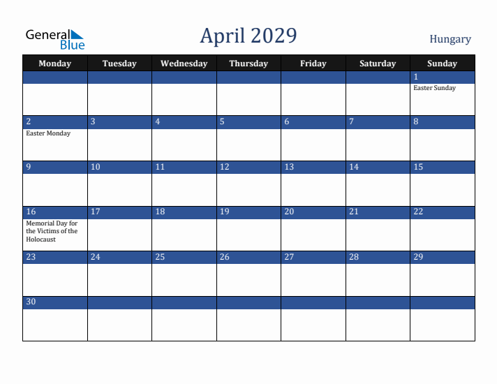 April 2029 Hungary Calendar (Monday Start)