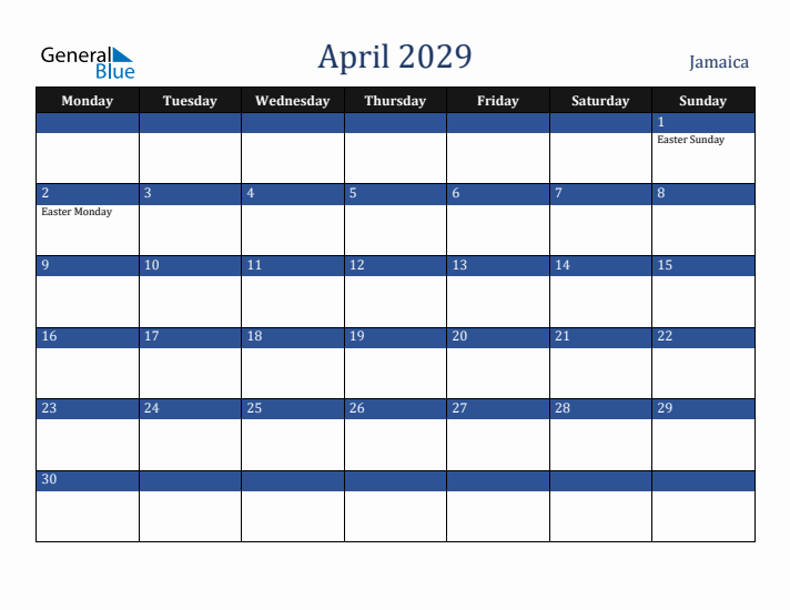 April 2029 Jamaica Calendar (Monday Start)