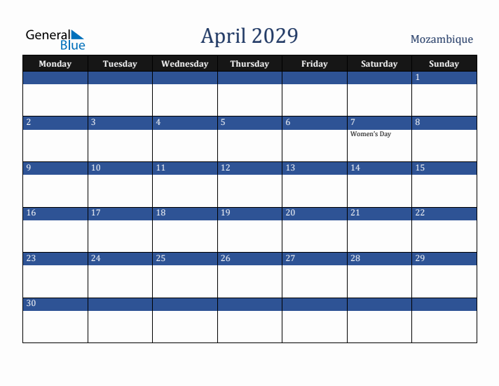 April 2029 Mozambique Calendar (Monday Start)