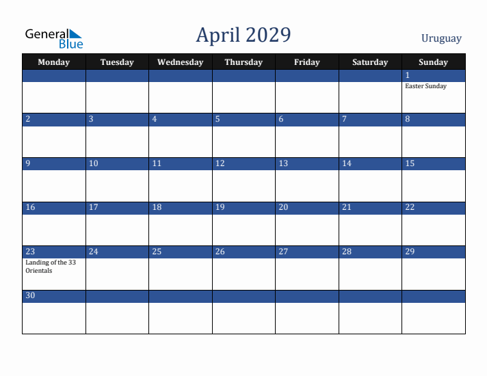 April 2029 Uruguay Calendar (Monday Start)