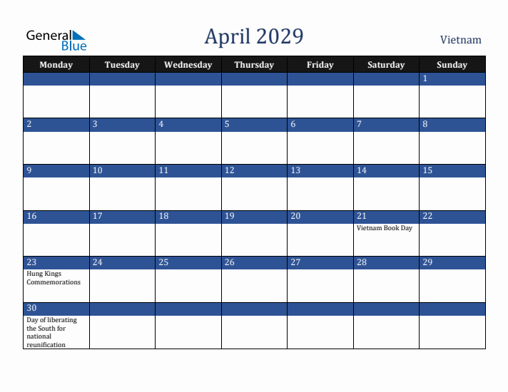 April 2029 Vietnam Calendar (Monday Start)