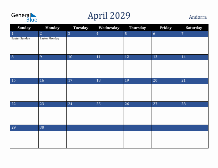 April 2029 Andorra Calendar (Sunday Start)