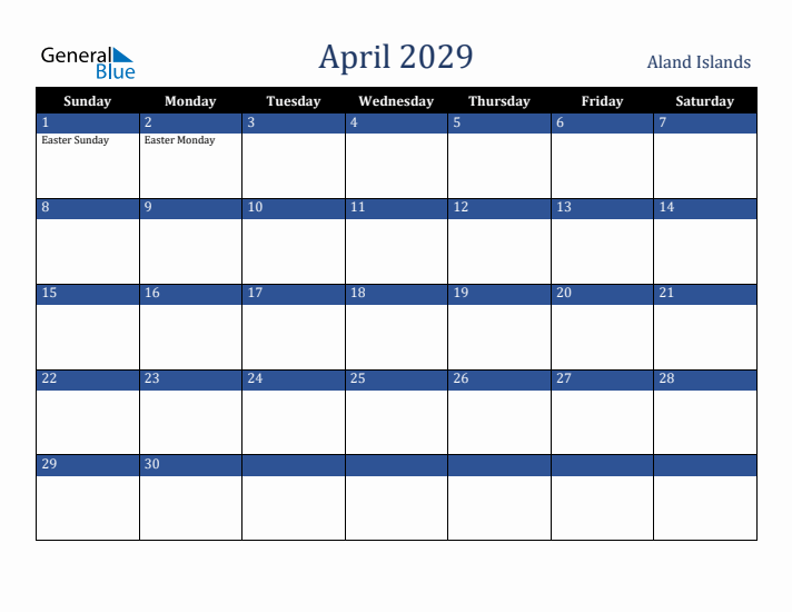 April 2029 Aland Islands Calendar (Sunday Start)