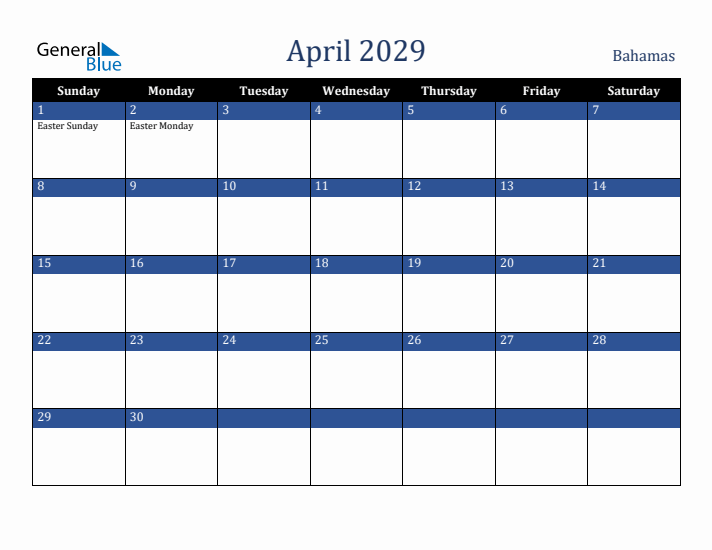 April 2029 Bahamas Calendar (Sunday Start)