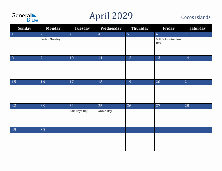 April 2029 Cocos Islands Calendar (Sunday Start)