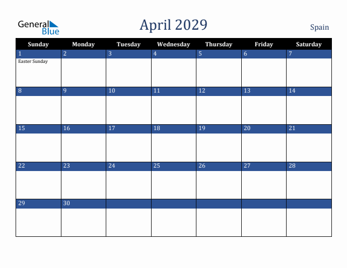 April 2029 Spain Calendar (Sunday Start)