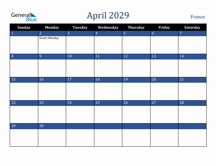 April 2029 France Calendar (Sunday Start)