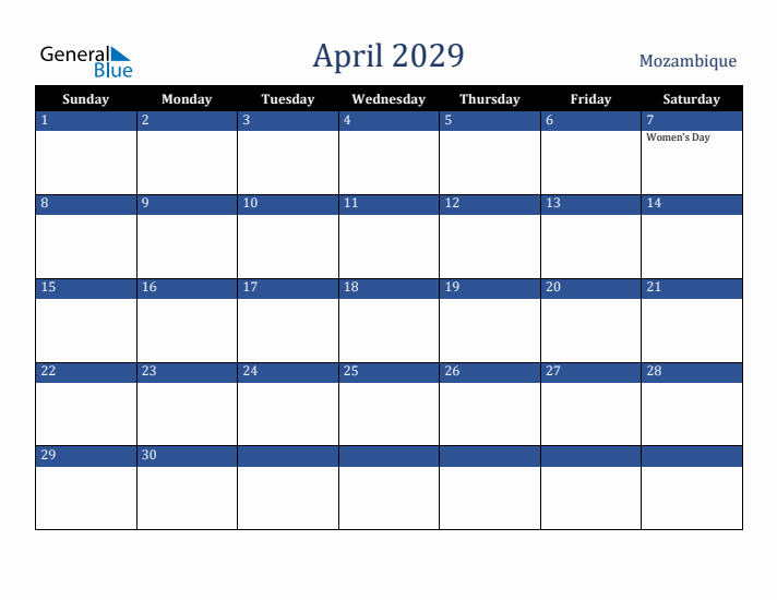 April 2029 Mozambique Calendar (Sunday Start)