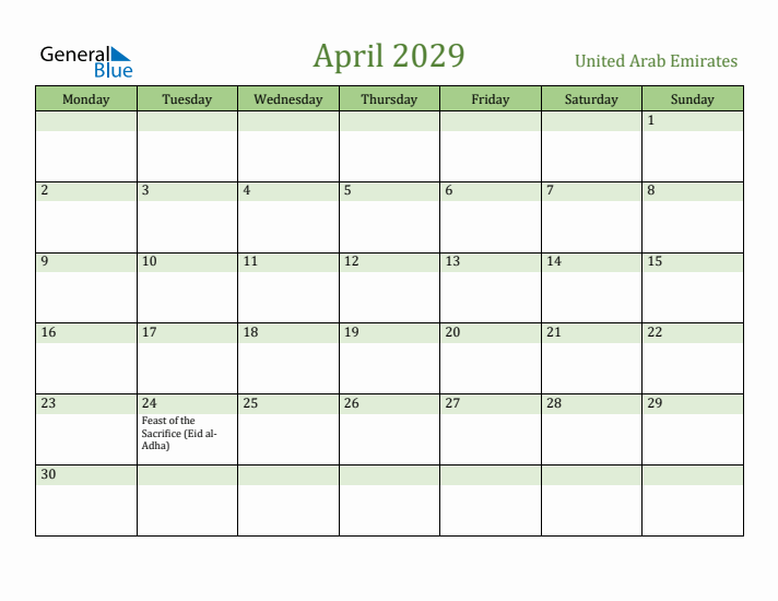 April 2029 Calendar with United Arab Emirates Holidays