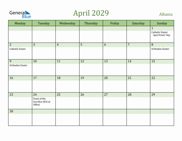 April 2029 Calendar with Albania Holidays