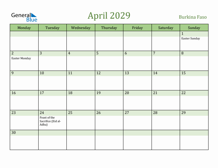 April 2029 Calendar with Burkina Faso Holidays