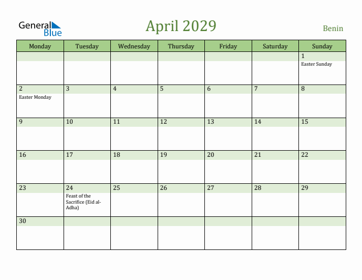 April 2029 Calendar with Benin Holidays