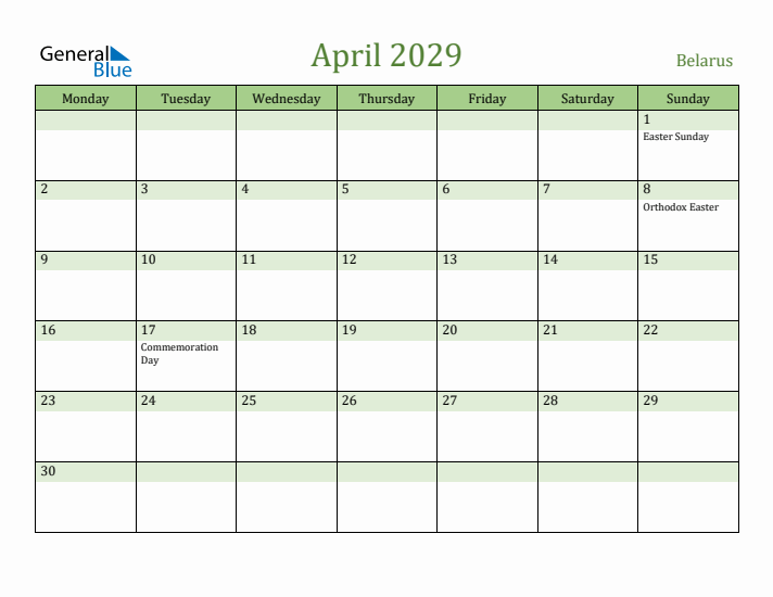 April 2029 Calendar with Belarus Holidays