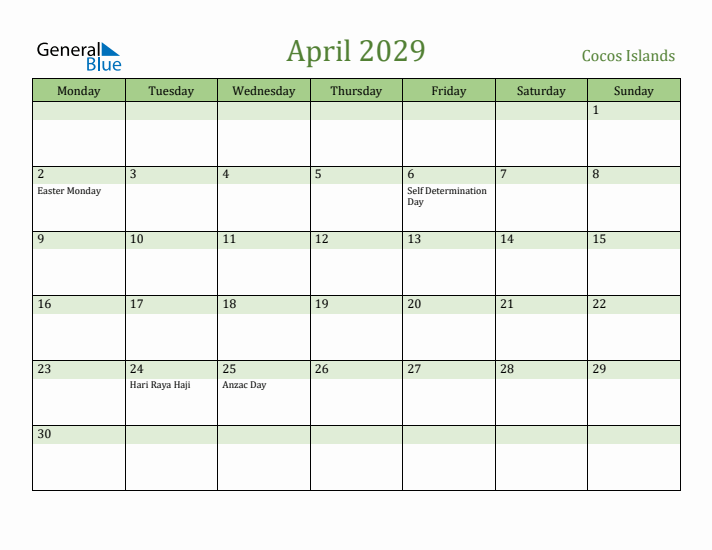 April 2029 Calendar with Cocos Islands Holidays