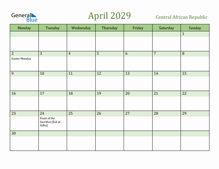 April 2029 Calendar with Central African Republic Holidays