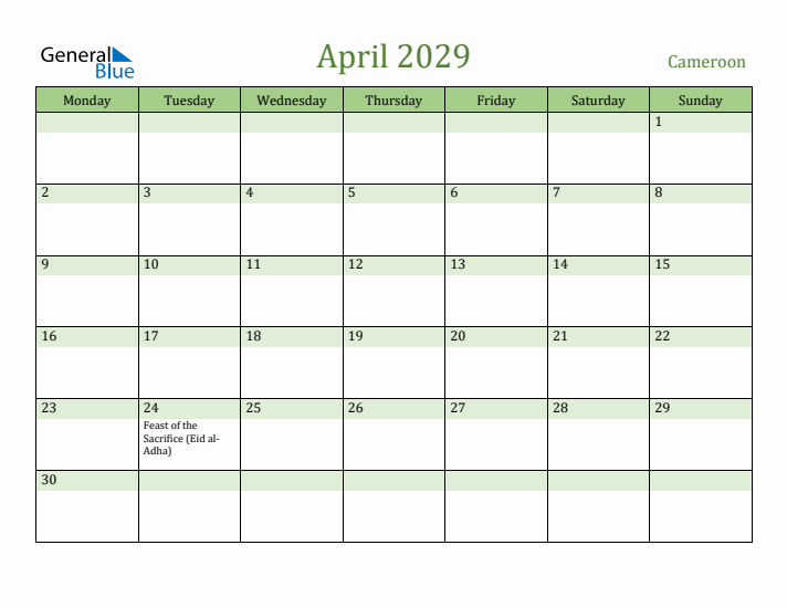 April 2029 Calendar with Cameroon Holidays