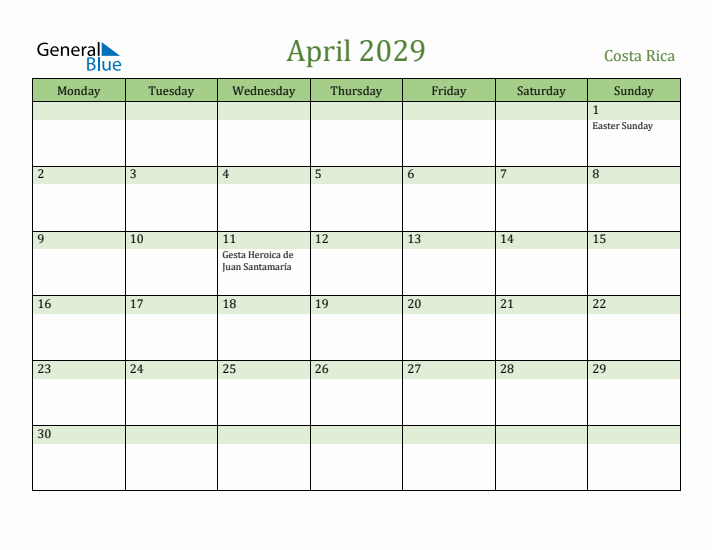 April 2029 Calendar with Costa Rica Holidays