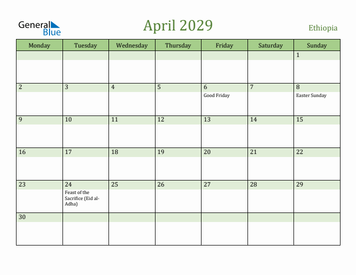 April 2029 Calendar with Ethiopia Holidays