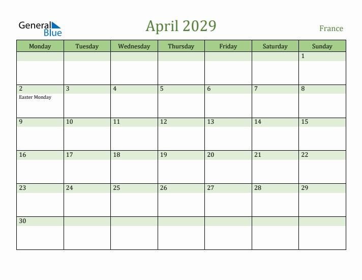 April 2029 Calendar with France Holidays