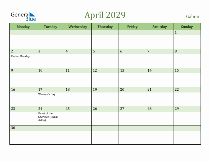 April 2029 Calendar with Gabon Holidays